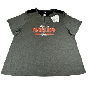 Miami Marlins Women's 1X Gray Notch‎ V-Neck Tee MLB NWT Charcoal Heather